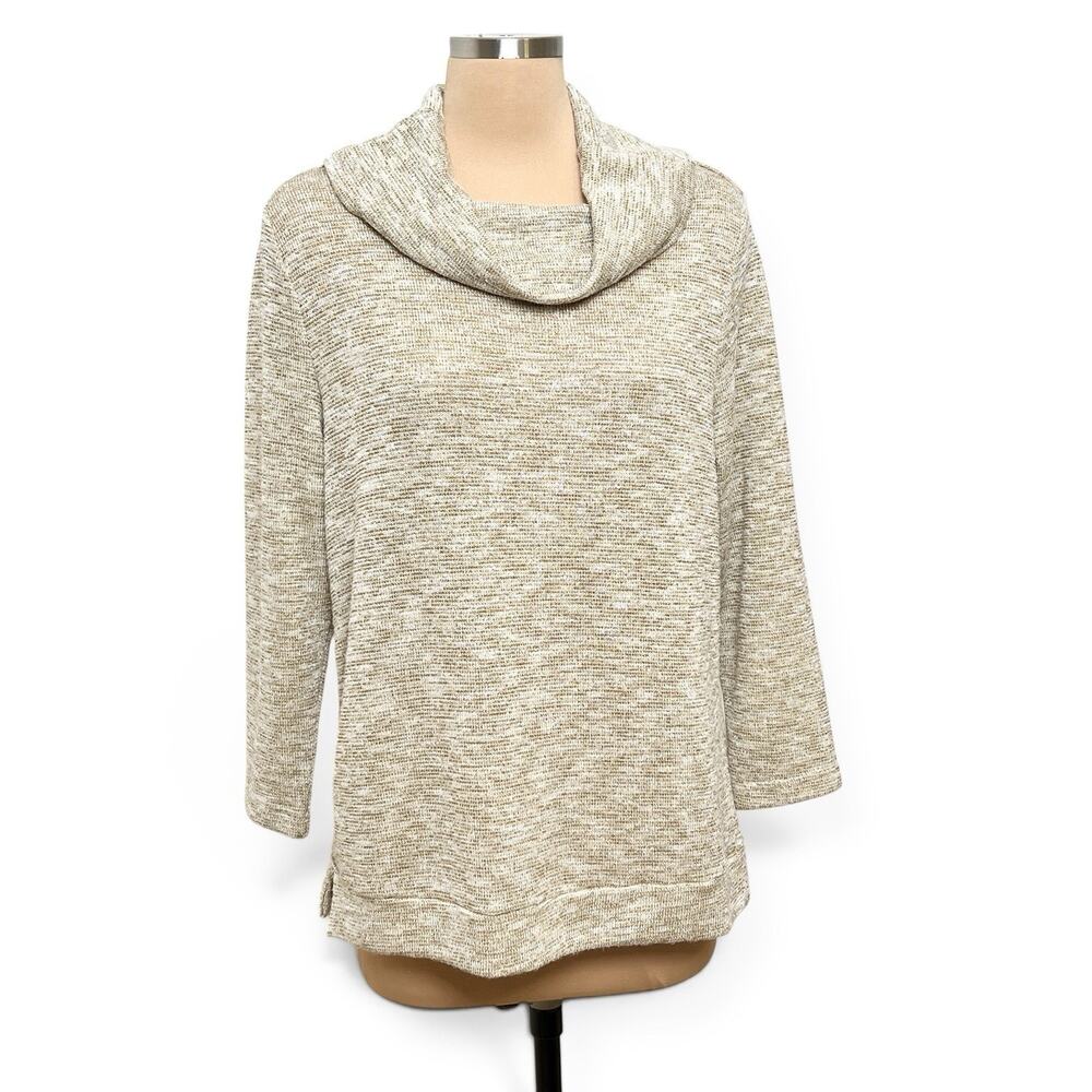 Rebecca Malone Sweater Medium Cowl Drape Neck Beige Gold Metallic Earthy Chic